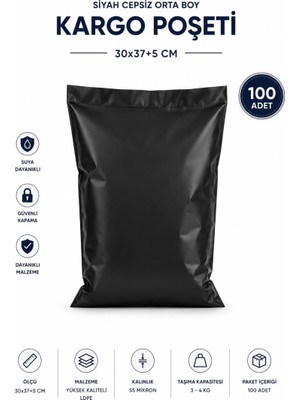 Royaleks Siyah Cepsiz Orta Boy Kargo Poşeti 30X37+5 cm 100 Adet