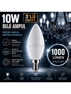 Repplam 10W Buji LED Ampul Beyaz Işık 1000 Lümen Ince Duylu Ampul Mum Ampul E 14 Duylu