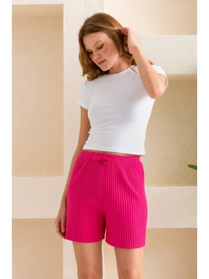 Giysa Kadın Fitilli Kaşkorse Süs Kuşaklı Şort Pijama Altı Fuşya - 6131