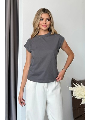 Giysa Kadın Kol Katlamalı %100 Pamuklu T-Shirt Antrasit - 925002