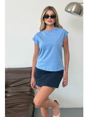Giysa Kadın Kol Katlamalı %100 Pamuklu T-Shirt Mavi - 925002