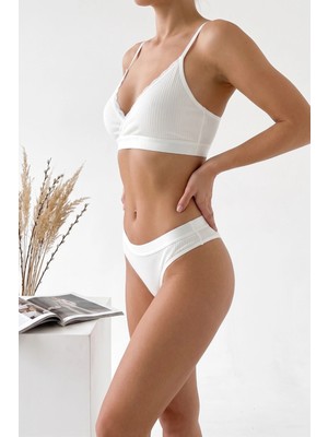 Kadın Ekru Çıkarılabilir Pedli Fitilli Dantelli Bralet Takımı