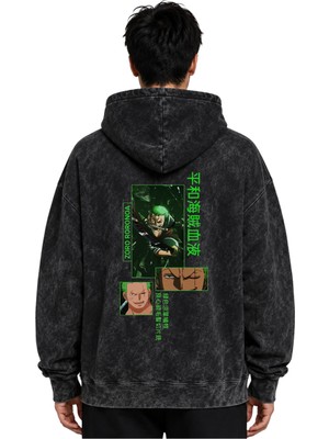 Sevbano Roronoa Zoro One Piece Anime Baskılı Unisex Oversize Yıkamalı Premium Hoodie Sweatshirt