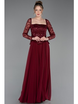 Abiyefon Pullu Kare Yaka Uzun Kol Peplum Şifon Abiye ABU6157