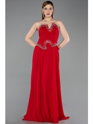 Abiyefon Taşlı Asimetrik Straplez Peplum Uzun Şifon Abiye ABU6188