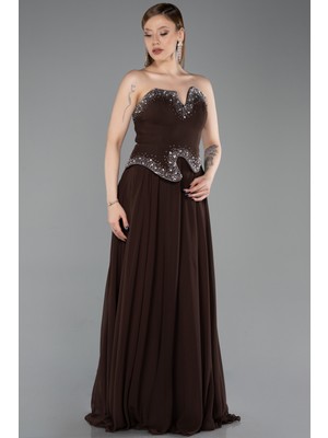 Abiyefon Taşlı Asimetrik Straplez Peplum Uzun Şifon Abiye ABU6188