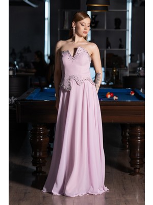 Abiyefon Taşlı Asimetrik Straplez Peplum Uzun Şifon Abiye ABU6188