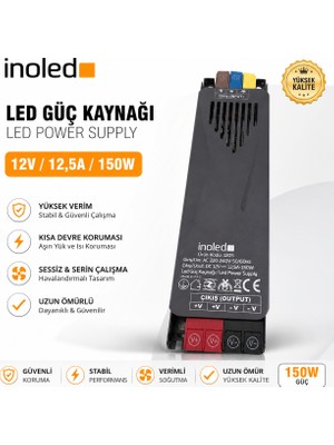 İnoled 1205 – 12,5A 150W 12V LED Güç Kaynağı  | Kısa Devre Korumalı Adaptör | Şerit LED Trafo | 220V Ac – 12V Dc Dönüştürücü | Yüksek Verimli, Güvenli, Uzun Ömürlü LED Trafo