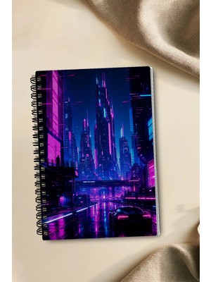 giftkonsept Neon Gece Şehri ve Otomobil Temalı 50 Yaprak 100 Sayfa Sprialli Defter