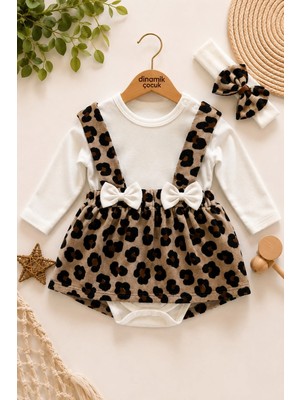 Dinamik çocuk Kız Bebek Leopar Desenli Bandanalı Alttan Çıtçıtlı Badili Askılı Elbise 3lü Takımı 0-3-6-9-12 Ay