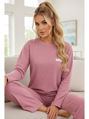 Siyah İnci Pembe Nakışlı Havlu Kumaş Örme Pijama TAKIM25226007