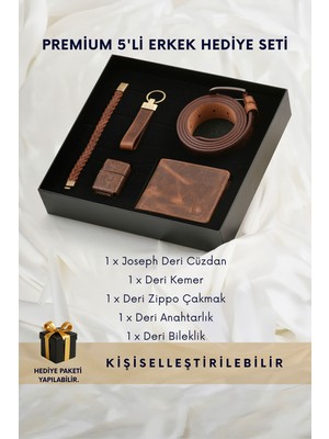 Cüzcan Kutulu Klasik Erkek Deri Cüzdan Kemer Çakmak Bileklik Anahtarlık Seti