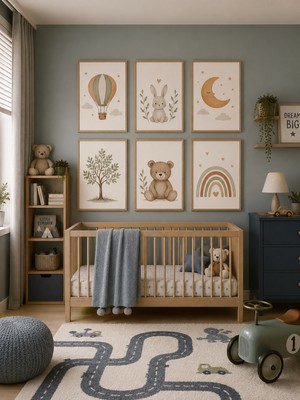 Zera Wall Mdf Tablo 6’lı Uçan Balon, Tavşan, Ay, Hayat Ağacı, Ayıcık ve Gökkuşağı Temalı Set – Bebek ve Çocuk Odası Duvar Dekorasyonu