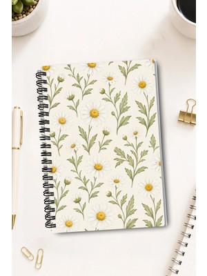 giftkonsept Beyaz Papatya ve Yeşillik Botanik Tasarım 50 Yaprak 100 Sayfa Sprialli Defter