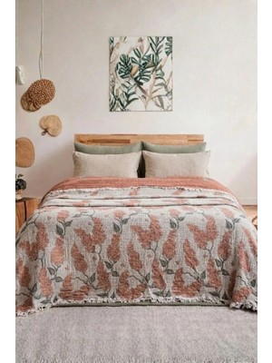 Layan Home 4 Katlı %100 Pamuk Müslin Çift Kişilik Yatak Örtüsü & Pike – Leylak Desen - Kiremit