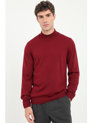 Dufy Erkek Slim Fit Yarım Balıkçı Yaka Bordo Triko