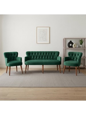 Azra Mobilya Roma 3+1+1 Babyface Kumaş Çay Seti Ev & Ofis Koltuk Takımı - Ahşap Ceviz Ayak - Yeşil