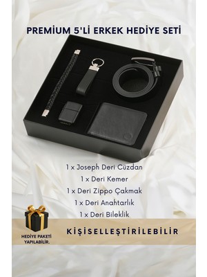 Cüzcan Kutulu Klasik Erkek Deri Cüzdan Kemer Çakmak Bileklik Anahtarlık Seti