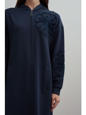 Allday  Lacivert Pamuklu Nakışlı Fermuarlı Sweat Hırka