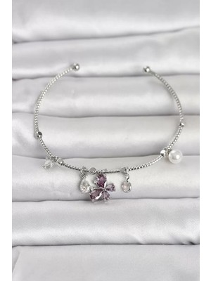 Renas Store Pirinç Gümüş Renk Mor Kelebek Detaylı Charmlı Kadın Bileklik TJ-BB8485