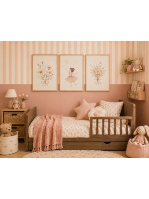 Zera Wall Mdf Tablo 3’lü Çiçek Buketi ve Balerin Kız Temalı Set – Kız Bebek ve Çocuk Odası Duvar Dekorasyonu