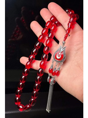 Tesbihkenti Ayyıldızlı Lale Gümüş Püsküllü Kırmızı Ateş Kehribar Tesbih