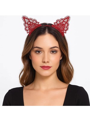 Renas Store Dantelli Kırmızı Kedi Tacı - Vintage Tarz Dantel Kedi Kulak