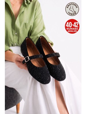 Albishoes Kadın Şık Taşlı Simli Tokalı Anatomik Yumuşak Rahat Taban Büyük Özel Numara Kadın Babet