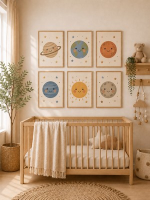 Zera Wall Mdf Tablo 6’lı Satürn, Dünya, Mars, Neptün, Güneş ve Ay Temalı Sevimli Gezegen Seti – Bebek ve Çocuk Odası Duvar Dekorasyonu
