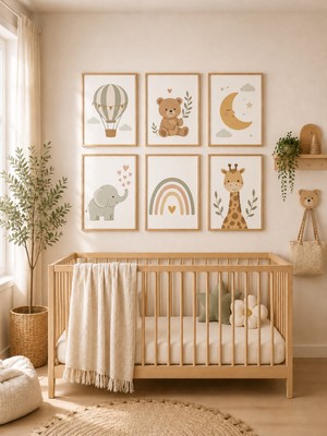 Zera Wall Mdf Tablo 6’lı Uçan Balon, Ayıcık, Ay, Fil, Gökkuşağı ve Zürafa Temalı Set – Bebek ve Çocuk Odası Duvar Dekorasyonu