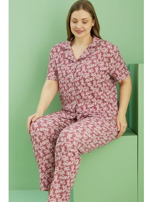 Siyah İnci Gülkurusu Desenli Bürümcük Krınkıl Kumaş Curve Büyük Beden Battal Boy Düğmeli Pijama TAKIM25118724
