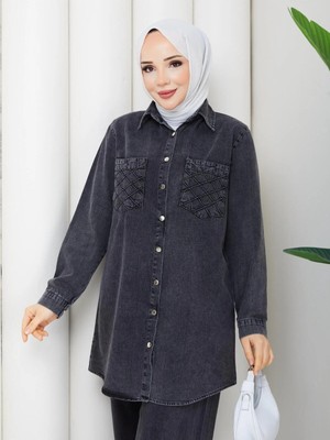 Exit Collection Kadın Tesettür Kot Takım Önü Düğme Cep Detaylı Ceket Tunik Boy Pantolon Takım