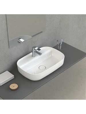 MarkEntegra 60 cm Beyaz Tezgah Üstü Lavabo, Seramik Modern Tasarım