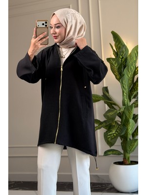 Suede Style 6406 - Rahat Fermuarlı Cepli Kapüşon Detaylı Uzun Kap