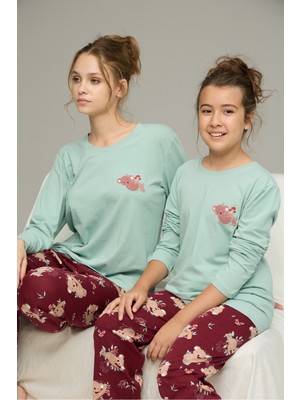 Siyah İnci Yeşil Bordo Koala Desenli Pamuklu Bisiklet Yaka Örme Pijama TAKIM25241156