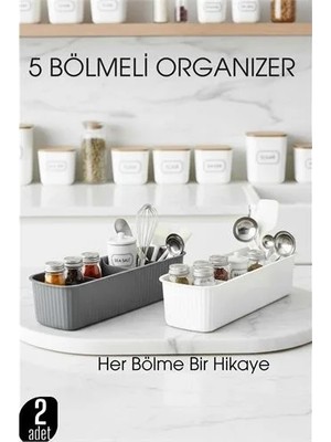 Renas Store 5 Bölmeli Mutfak Organizer Kutusu Gri & Beyaz 2’li Set Baharat ve Gereç Düzenleyici 722441