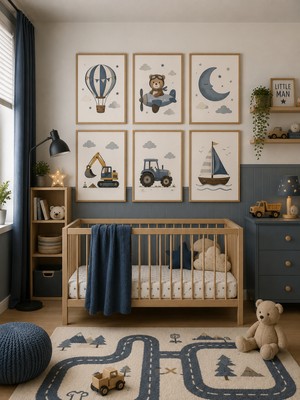 Zera Wall Mdf Tablo 6’lı Uçan Balon, Pilot Ayıcık, Ay, Kepçe, Traktör ve Yelkenli Temalı Set – Bebek ve Çocuk Odası Duvar Dekorasyonu