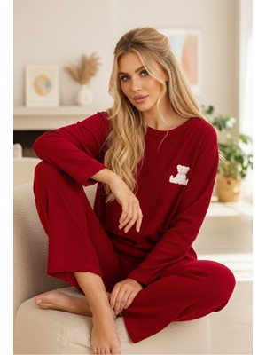 Siyah İnci Bordo Nakışlı Havlu Kumaş Örme Pijama TAKIM25226007