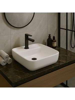 MarkEntegra Delikli Çanak Lavabo Batarya 40X40 cm Modern Tasarım
