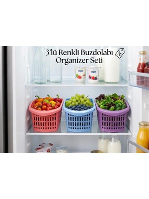 Abnturk 3 Adet Renkli Buzdolabı Dolap Içi Düzenleyici Organizer Sepet Sağlıklı ve Sağlam Plastik Lüks Kalite 17X30X16CM