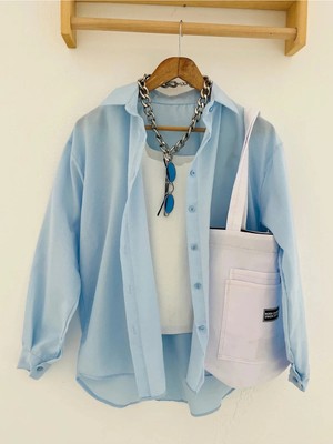 Exit Collection Kadın Abs Boyfriend Uzun Basic Bebe Mavisi Tesettür Gömlek