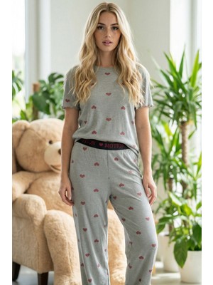 Siyah İnci Koyu Gri Kalp Desenli Lastikli Fitilli Kaşkorse Örme Pijama TAKIM26120601