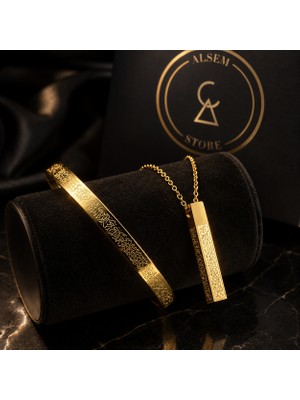 Alsem Store Gümüş Kaplama Ayetel Kürsi Kolye ve Bileklik Seti , Gold Nazar Duası Set