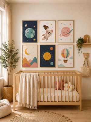 Zera Wall Mdf Tablo 6’lı Dünya, Roketli Kız, Satürn, Ay, Güneş ve Uçan Balon Temalı Set – Bebek ve Çocuk Odası Duvar Dek