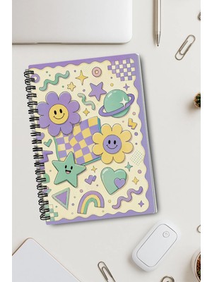 giftkonsept Nostaljik Estetik Papatya ve Renkli Geometrik Tasarım 50 Yaprak 100 Sayfa Sprialli Defter