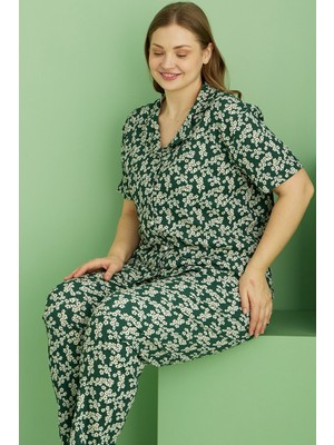 Siyah İnci Yeşil Desenli Bürümcük Krınkıl Kumaş Curve Büyük Beden Battal Boy Düğmeli Pijama TAKIM25118729