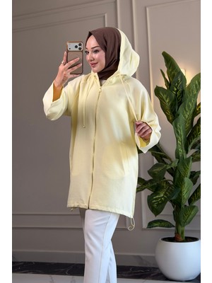 Suede Style 6406 - Rahat Fermuarlı Cepli Kapüşon Detaylı Uzun Kap