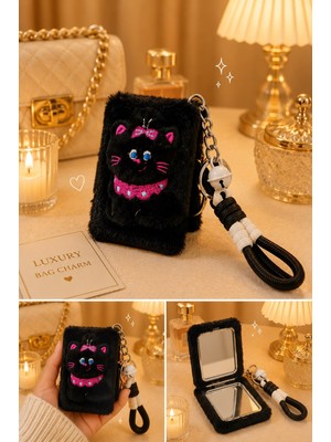 Biton Toptan Sevimli Kedicik Figürlü Peluş Cep Aynası Anahtarlık – Kawaii Bag Charm Çanta Süsü Siyah