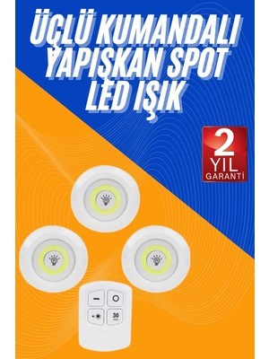 Renas Store Dolap Işığı Mutfak Rafı Işığı Uzaktan Kumandalı 3 Lü Spot LED Lamba