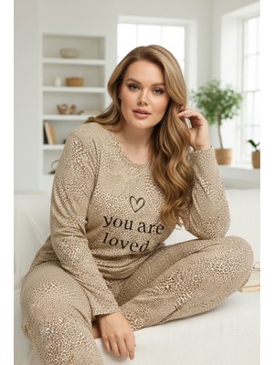 Siyah İnci Leopar Desenli Curve Büyük Beden Battal Boy Pamuklu Pijama TAKIM25240776
